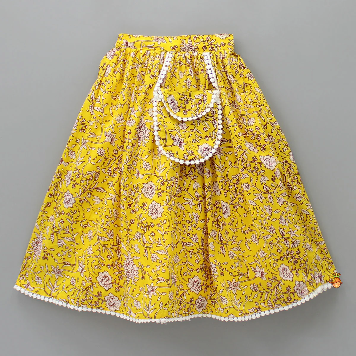 Hand Block Floral Printed Peter Pan Collar Detailed Top And Lehenga With Attached Sling Bag - Image 4
