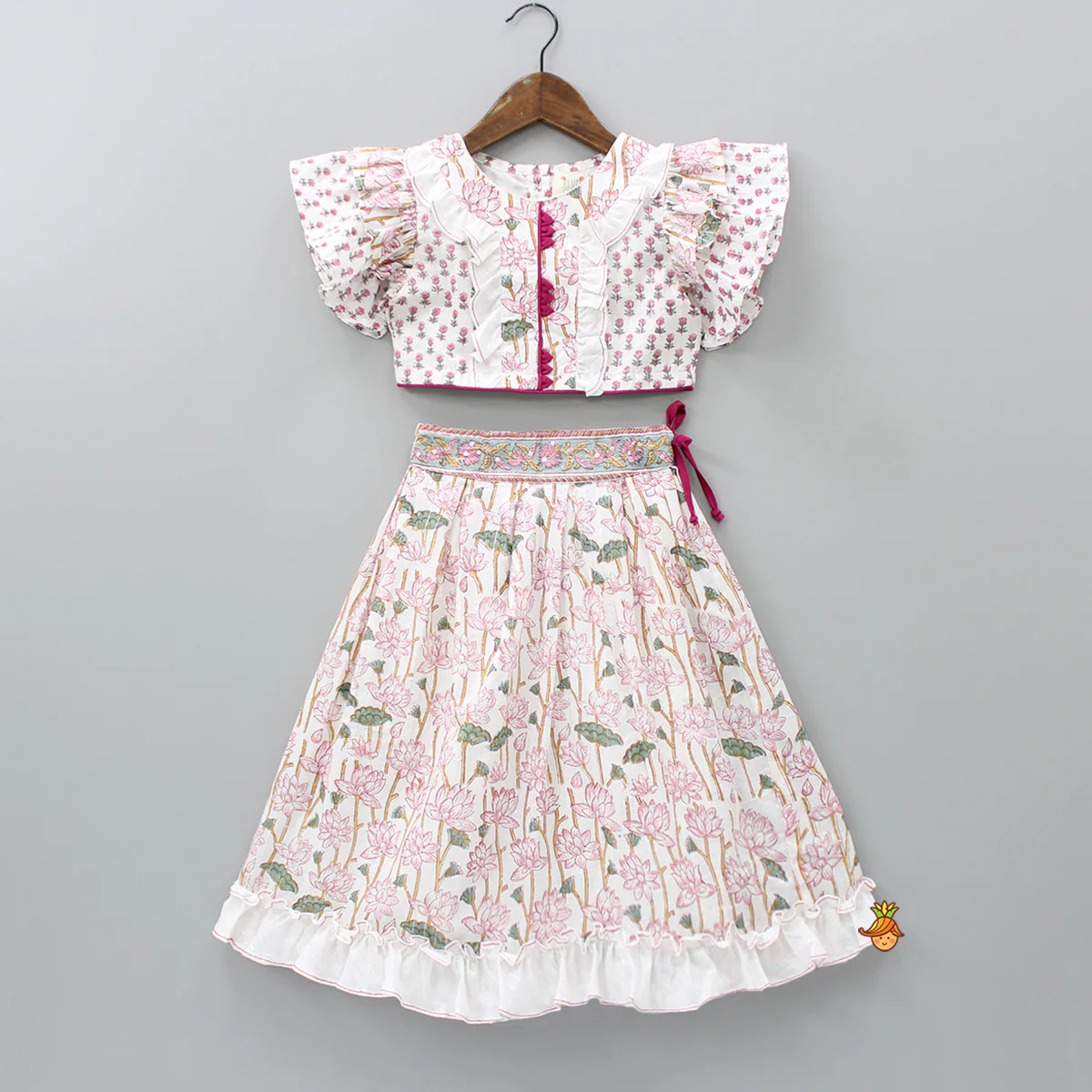 Hand Block Floral Printed Pink Frilly Sleeves Top And Lehenga