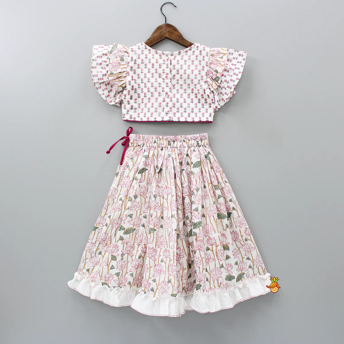 Hand Block Floral Printed Pink Frilly Sleeves Top And Lehenga - Image 2