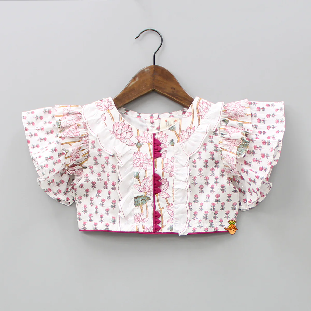 Hand Block Floral Printed Pink Frilly Sleeves Top And Lehenga - Image 3