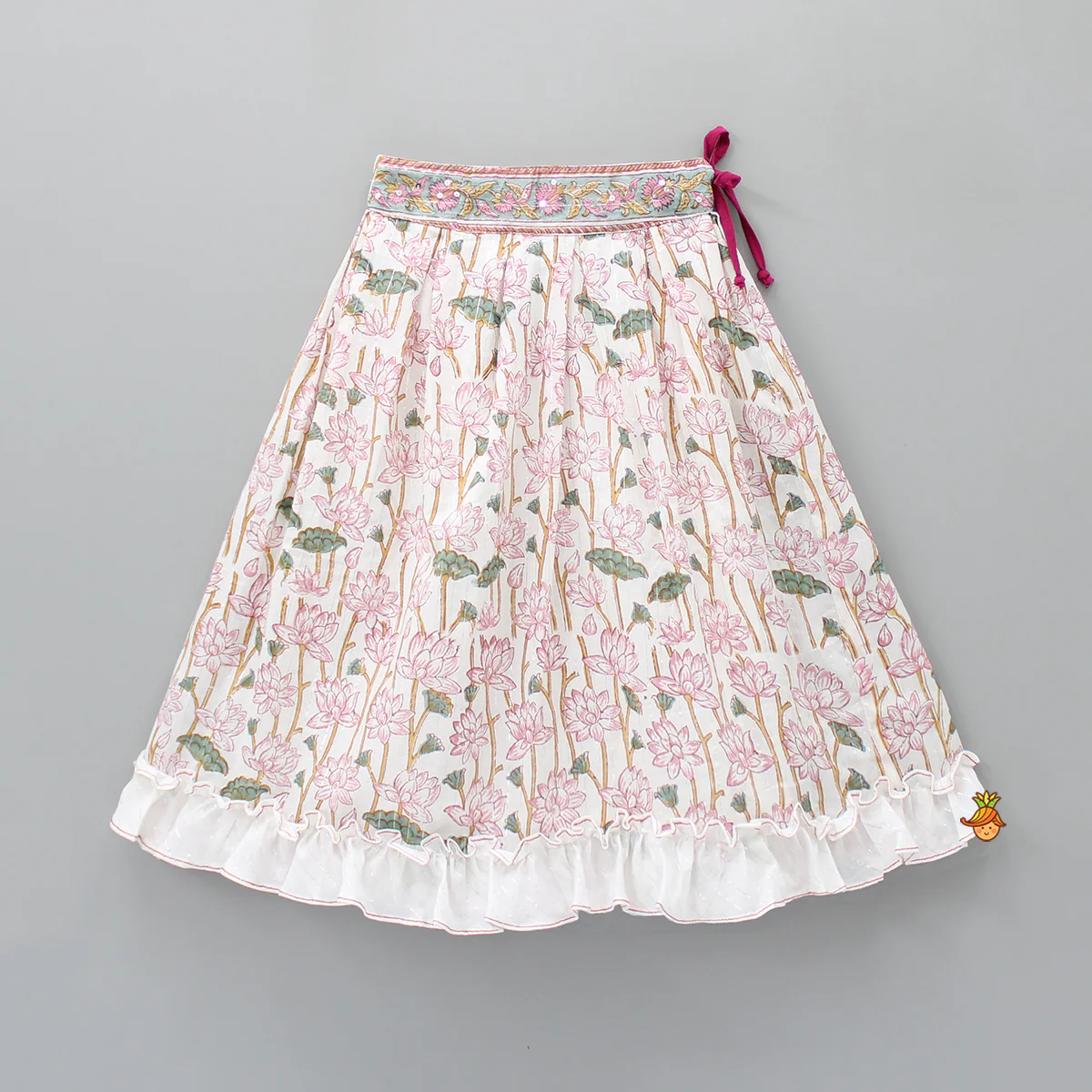 Hand Block Floral Printed Pink Frilly Sleeves Top And Lehenga - Image 4