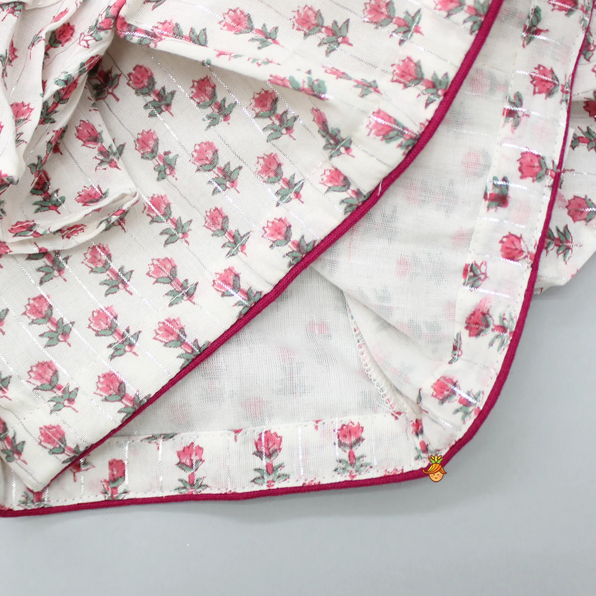Hand Block Floral Printed Pink Frilly Sleeves Top And Lehenga - Image 5