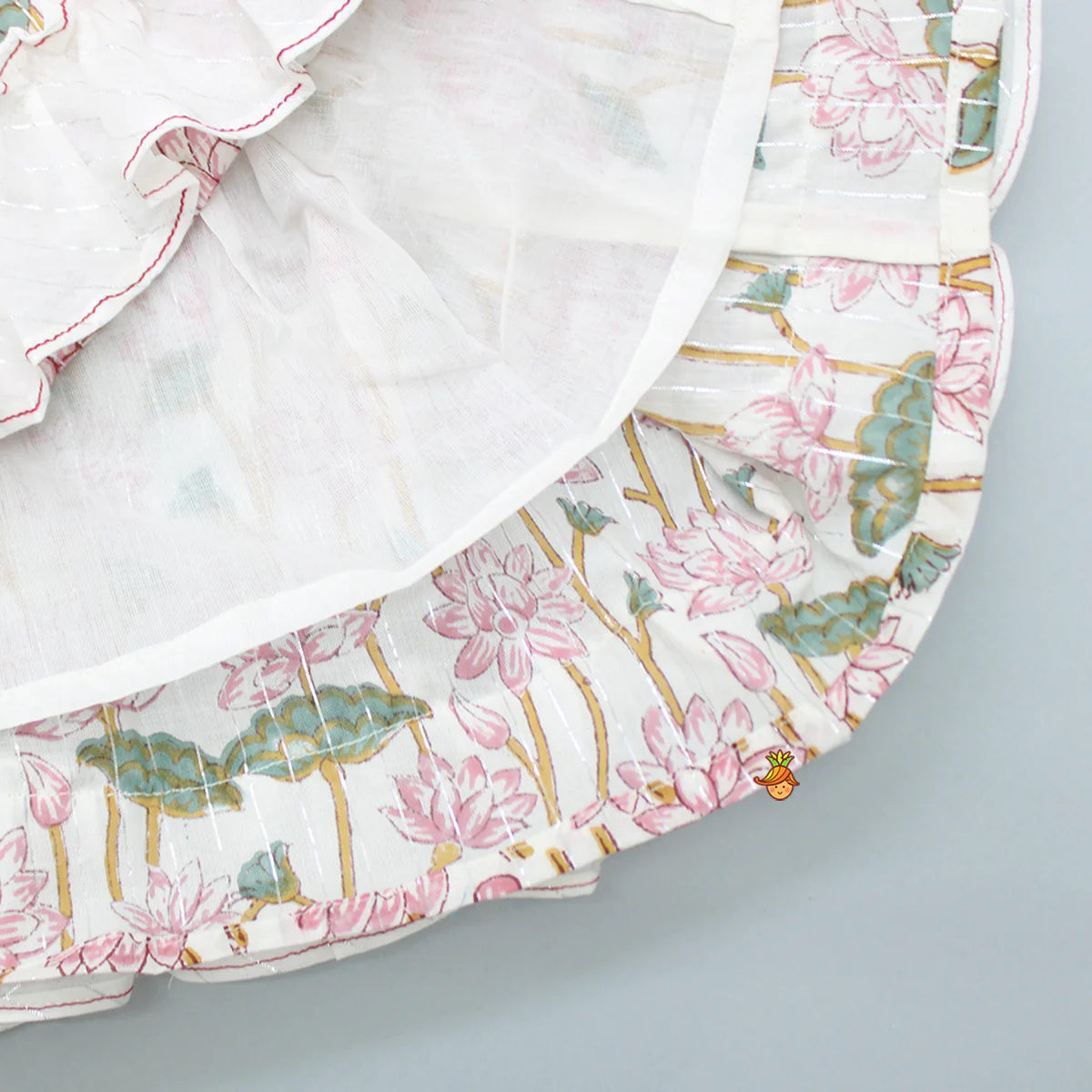 Hand Block Floral Printed Pink Frilly Sleeves Top And Lehenga - Image 6