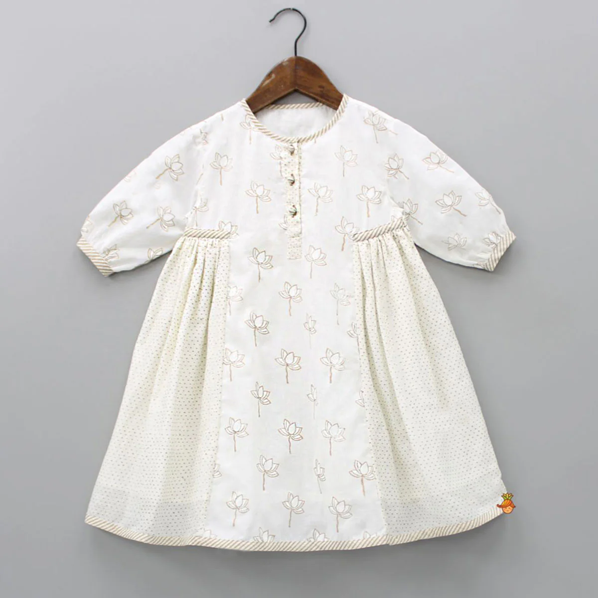 Hand Block Lotus And Polka Dots Printed Potli Buttons Detail Off White Dress