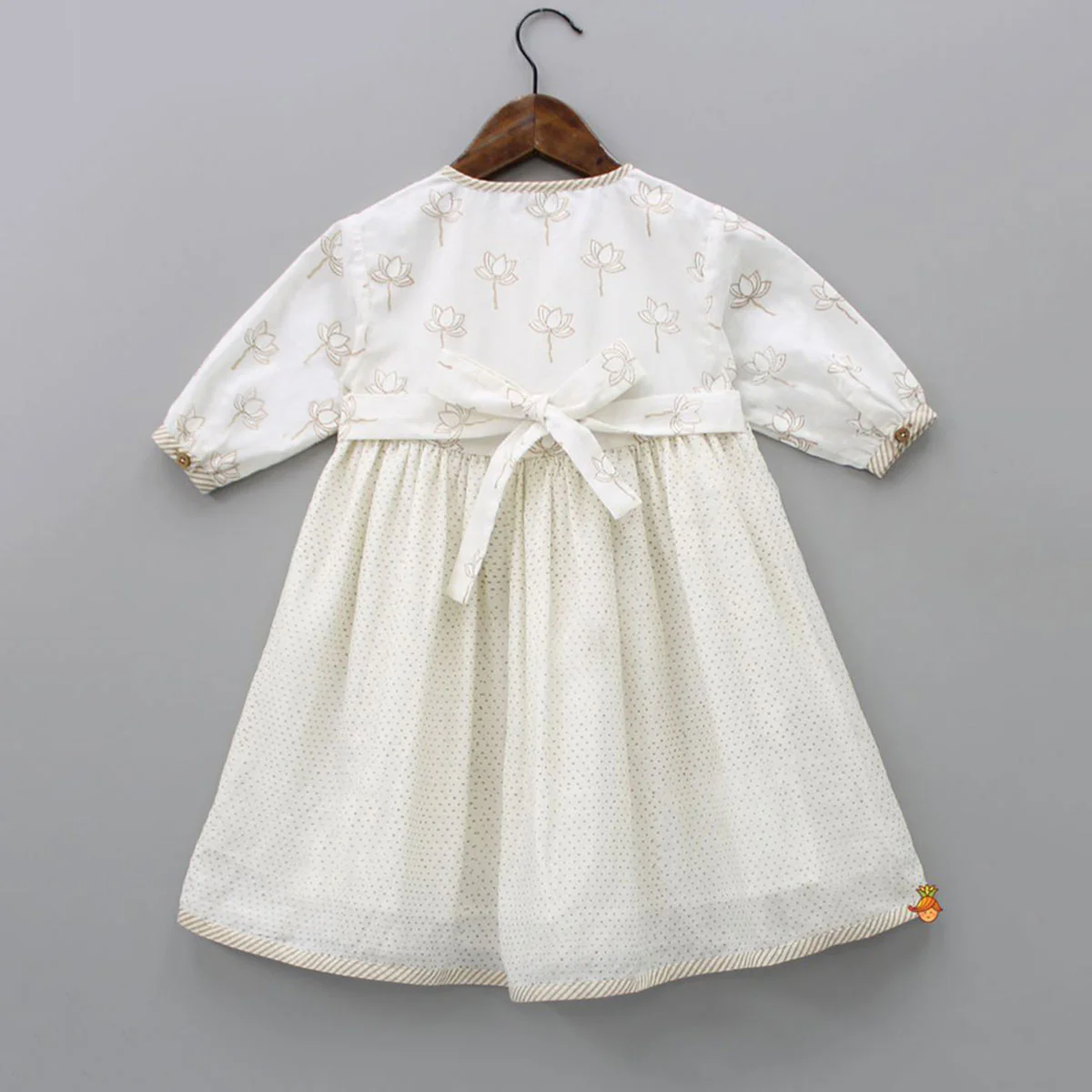 Hand Block Lotus And Polka Dots Printed Potli Buttons Detail Off White Dress - Image 2