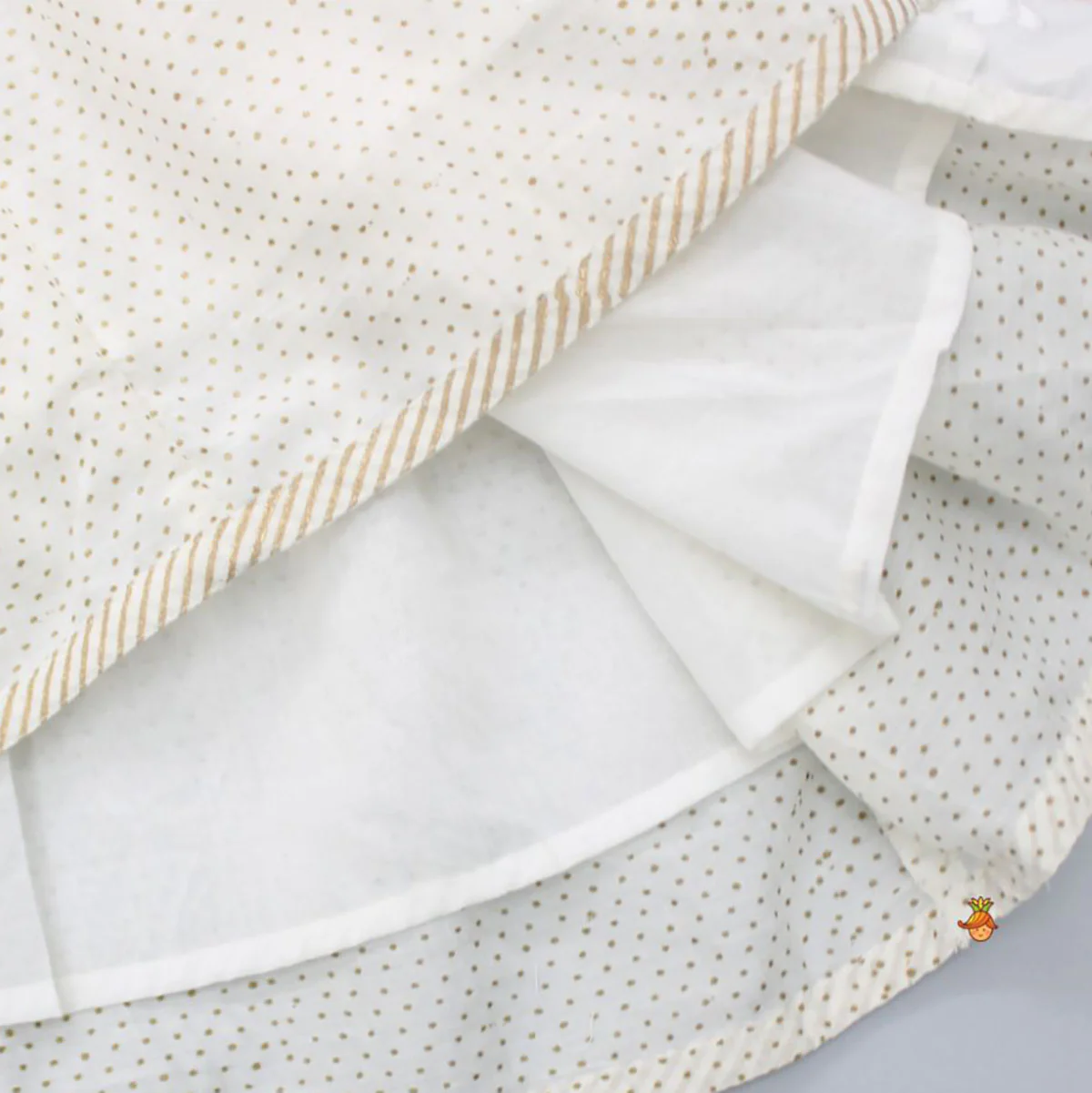 Hand Block Lotus And Polka Dots Printed Potli Buttons Detail Off White Dress - Image 4
