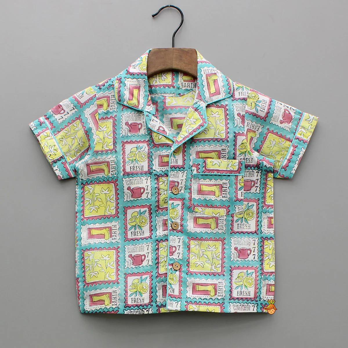Hand Block Printed Multicolour Notch Collar Top And Pyjama - Image 3