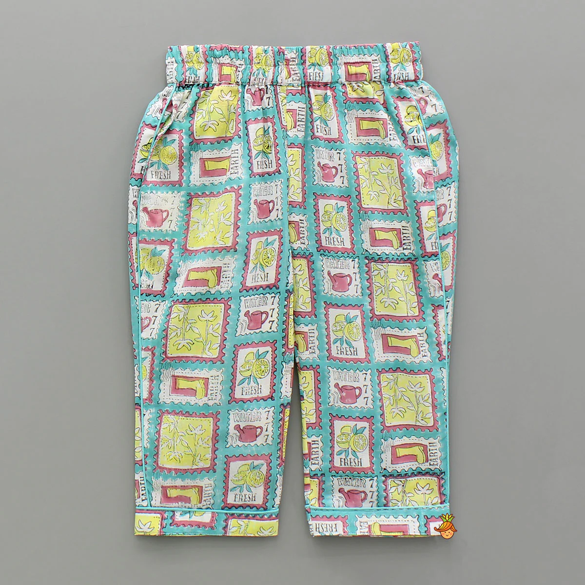 Hand Block Printed Multicolour Notch Collar Top And Pyjama - Image 4