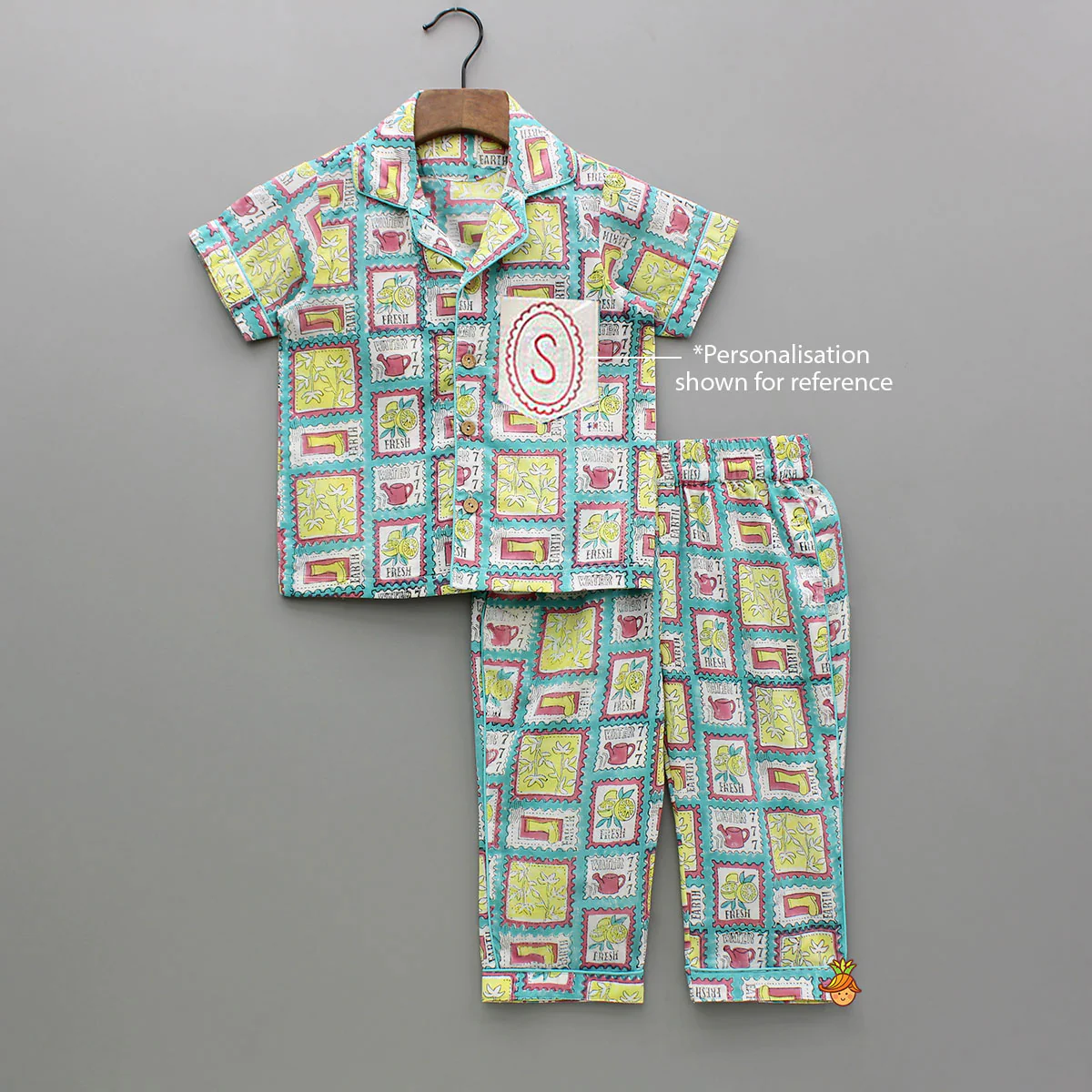 Hand Block Printed Multicolour Notch Collar Top And Pyjama - Image 6