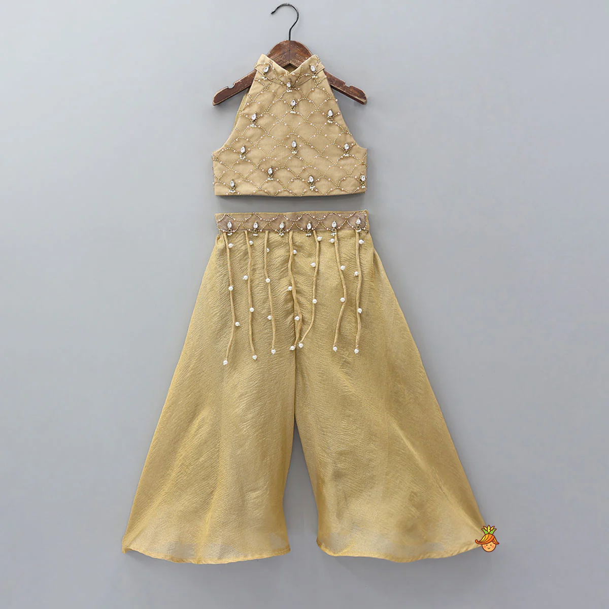 Hand Embroidered Halter Neck Crop Top And Shimmery Palazzo