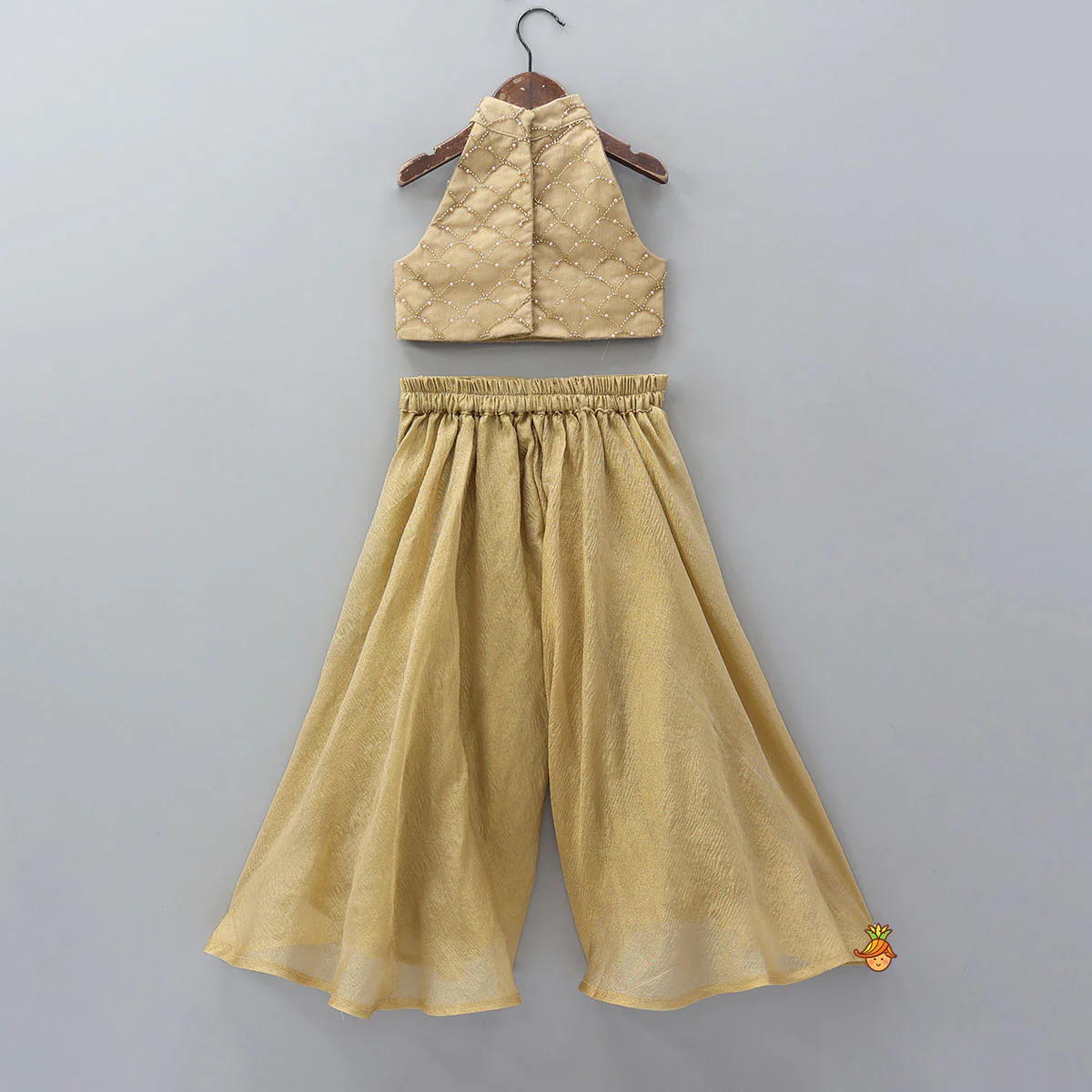 Hand Embroidered Halter Neck Crop Top And Shimmery Palazzo - Image 2