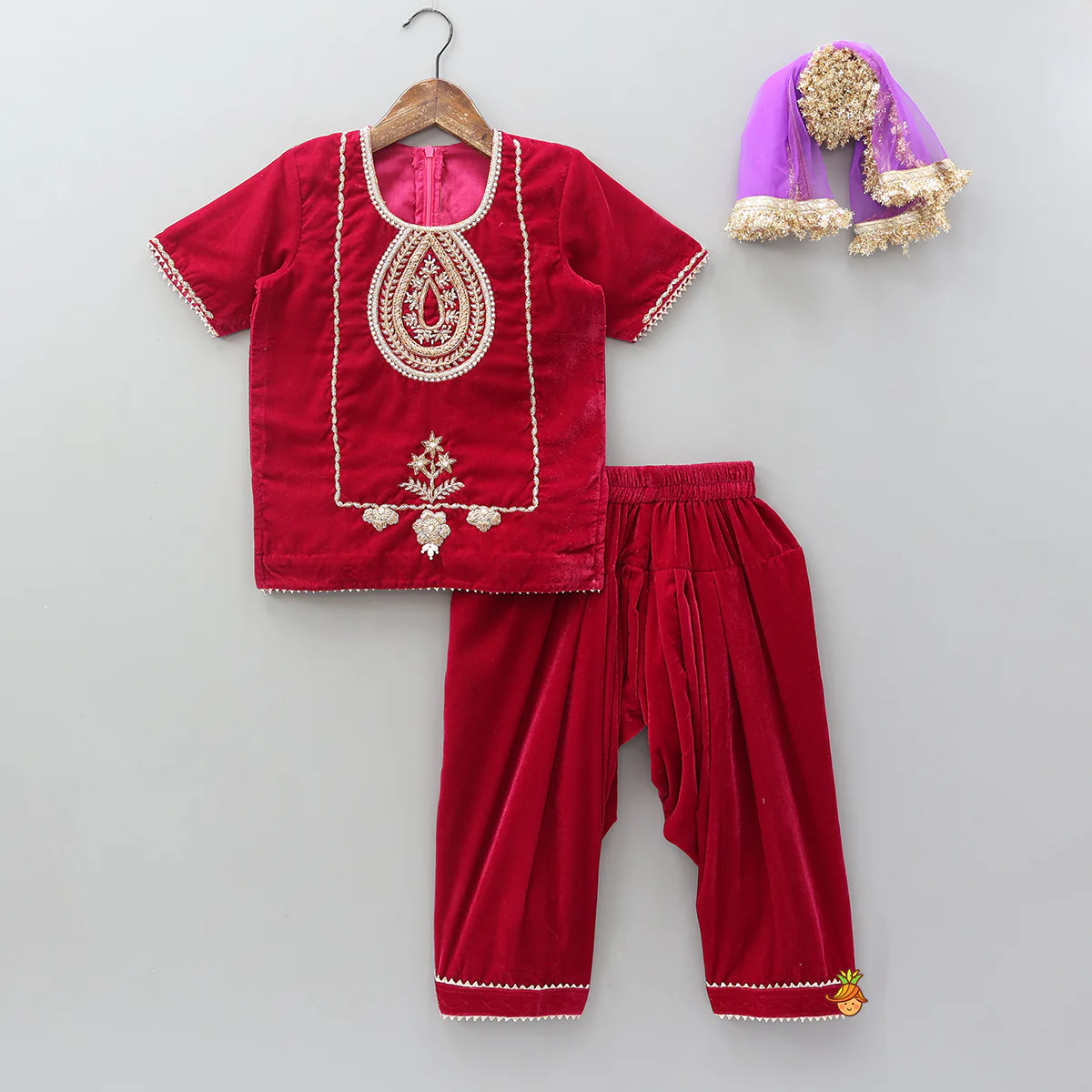 Hand Embroidered Kurti And Salwar With Contrasting Dupatta
