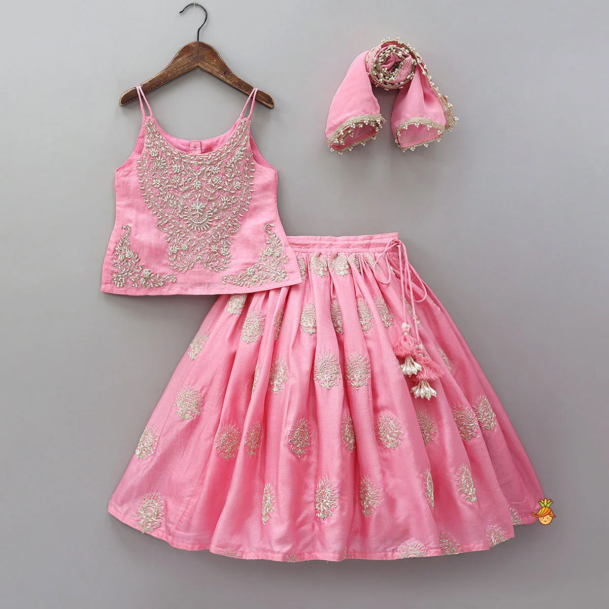 Hand Embroidered Strappy Top And Lehenga With Dupatta