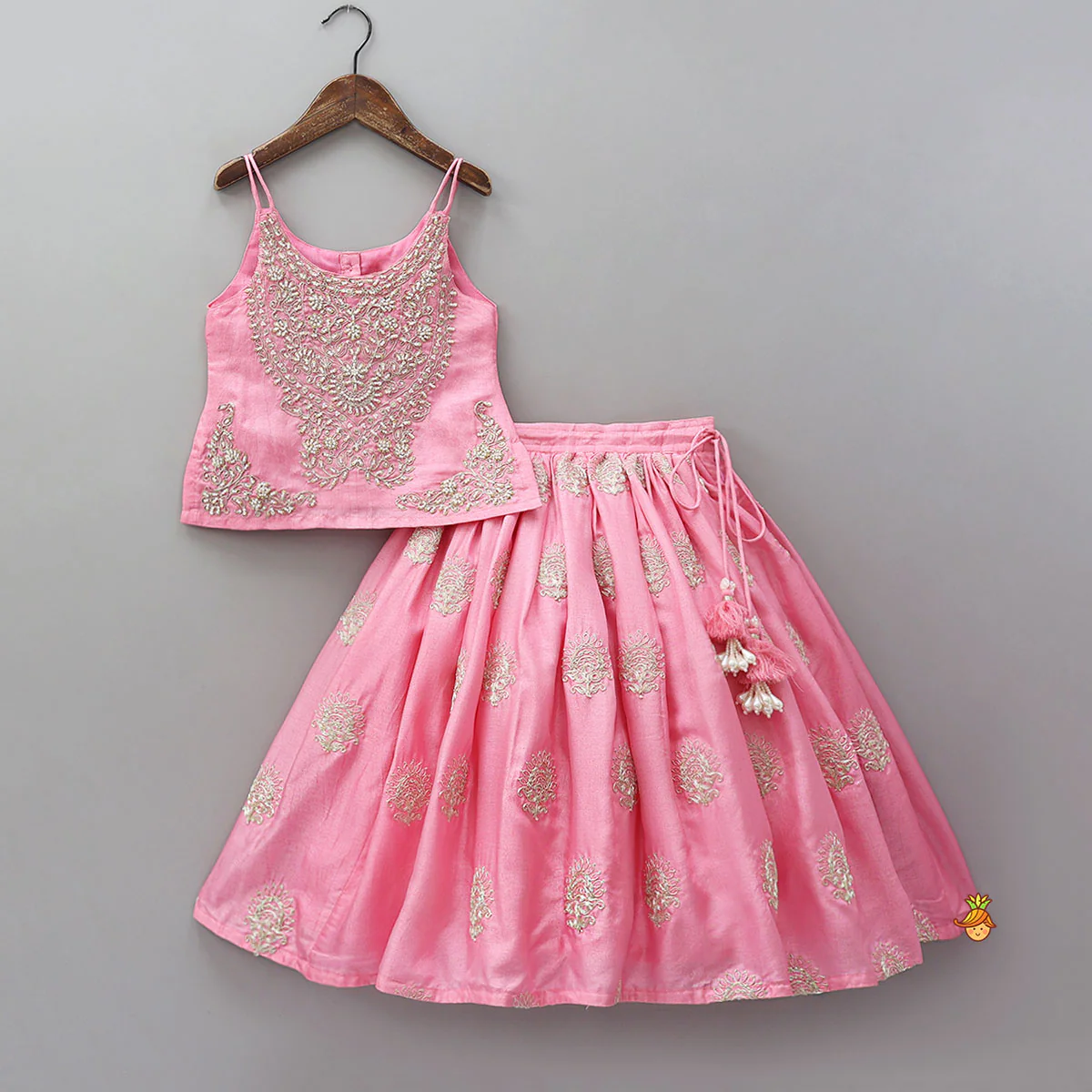 Hand Embroidered Strappy Top And Lehenga With Dupatta - Image 3