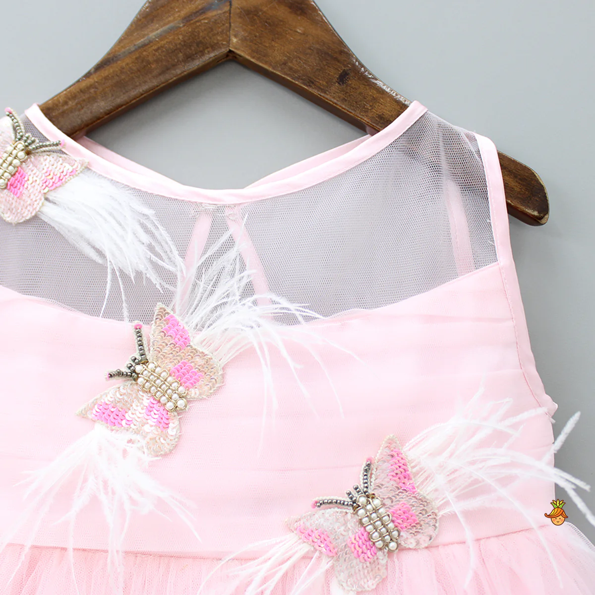 Handmade Butterfly Embroidered Ruffle Pink Net Gown - Image 3