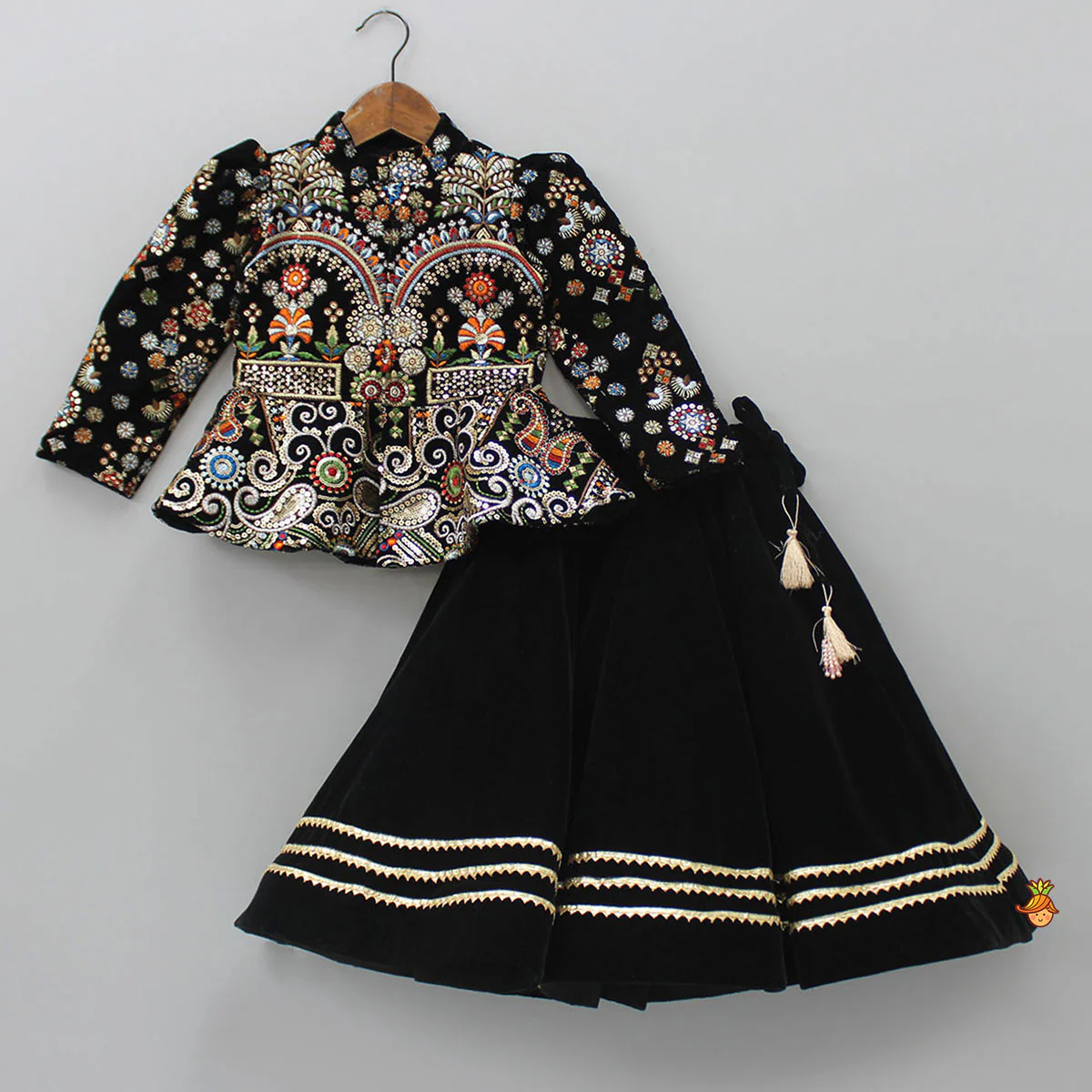 Heavy Embroidered Black Velvet Top And Gota Lace Work Flared Lehenga