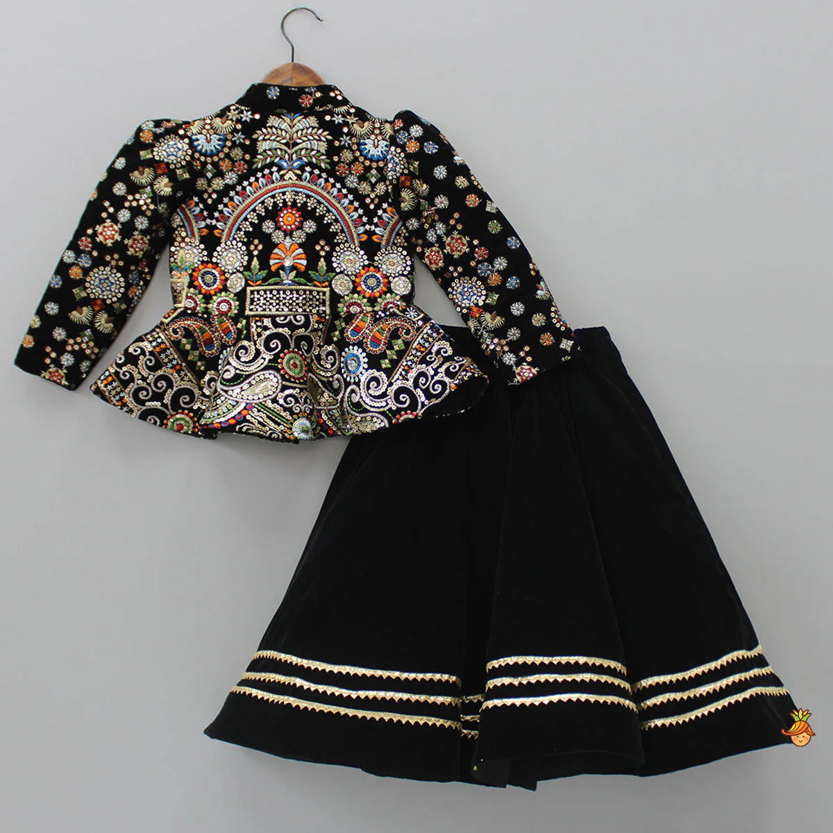Heavy Embroidered Black Velvet Top And Gota Lace Work Flared Lehenga - Image 2