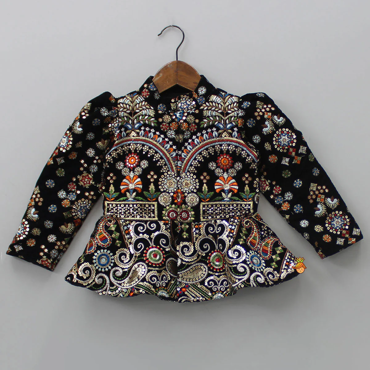 Heavy Embroidered Black Velvet Top And Gota Lace Work Flared Lehenga - Image 3