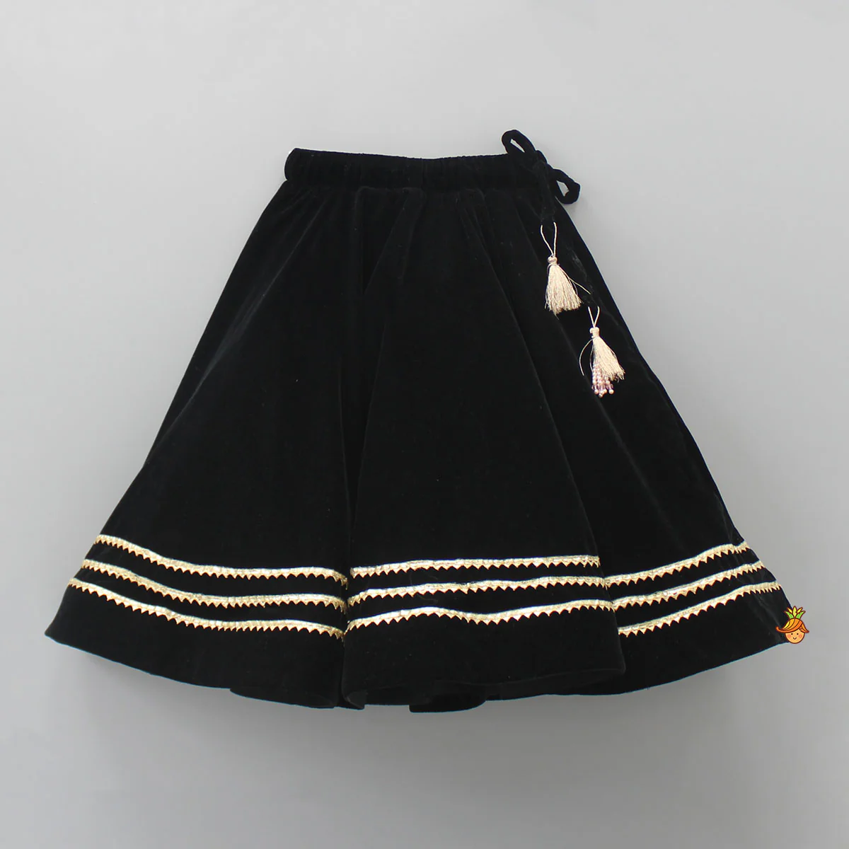 Heavy Embroidered Black Velvet Top And Gota Lace Work Flared Lehenga - Image 4