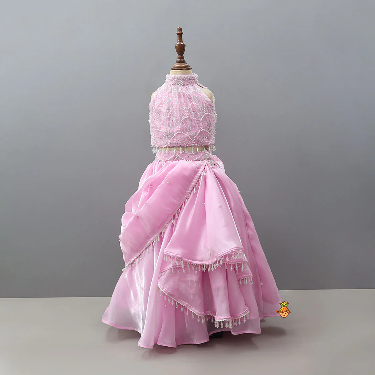 Heavy Embroidered Crop Top And Attached Drape Lehenga With Coordinated Dupatta - Image 3