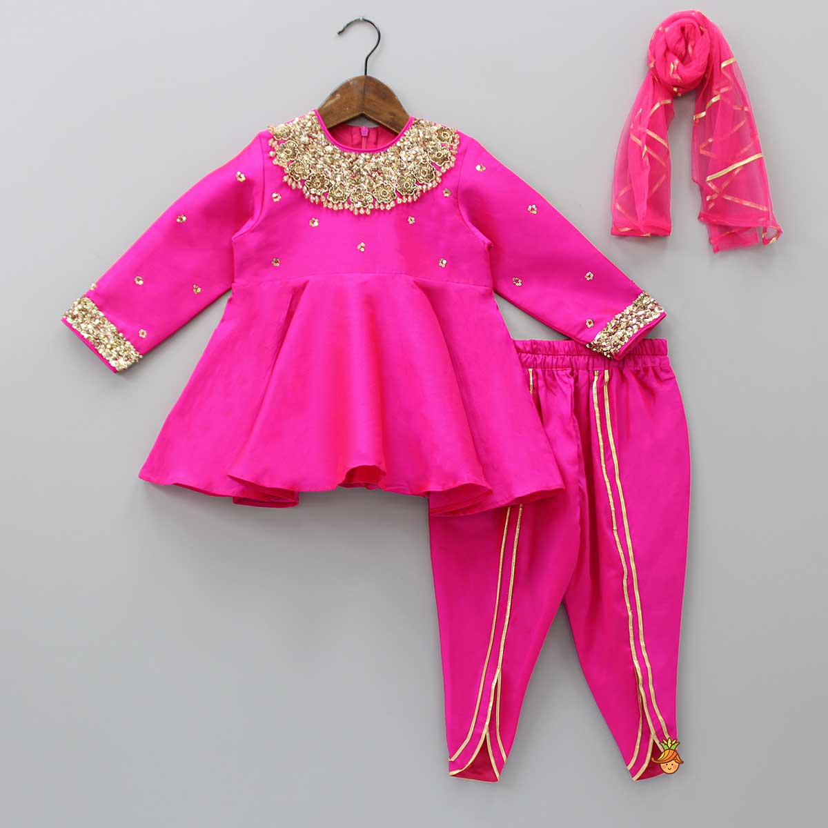 Heavy Embroidered Neckline Pink Kurti And Dhoti With Dupatta
