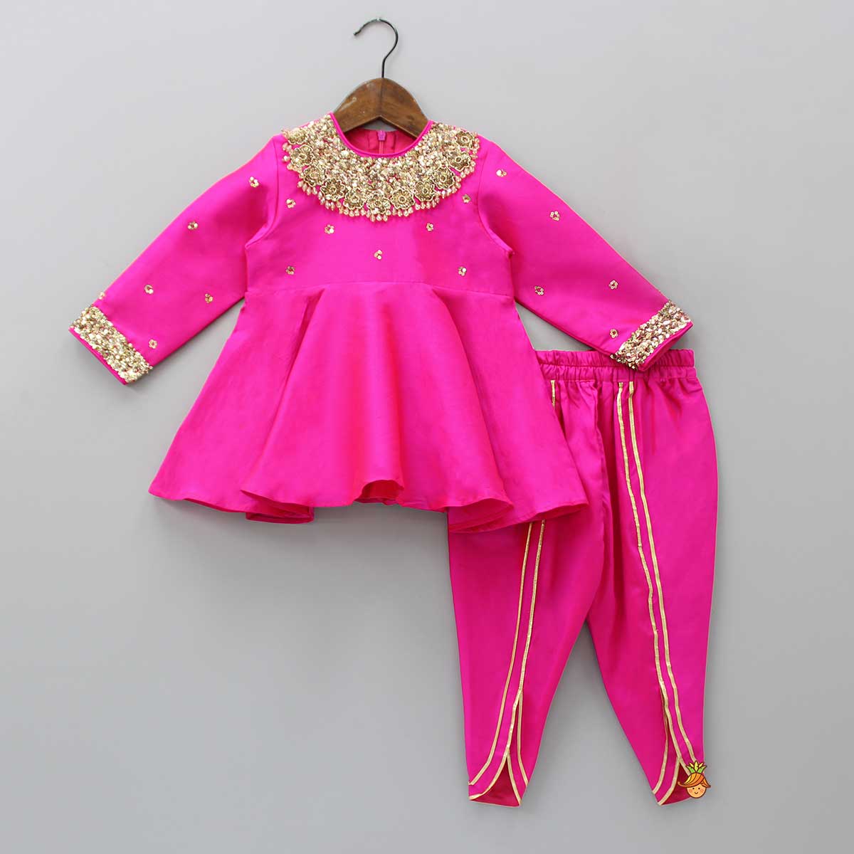 Heavy Embroidered Neckline Pink Kurti And Dhoti With Dupatta - Image 3