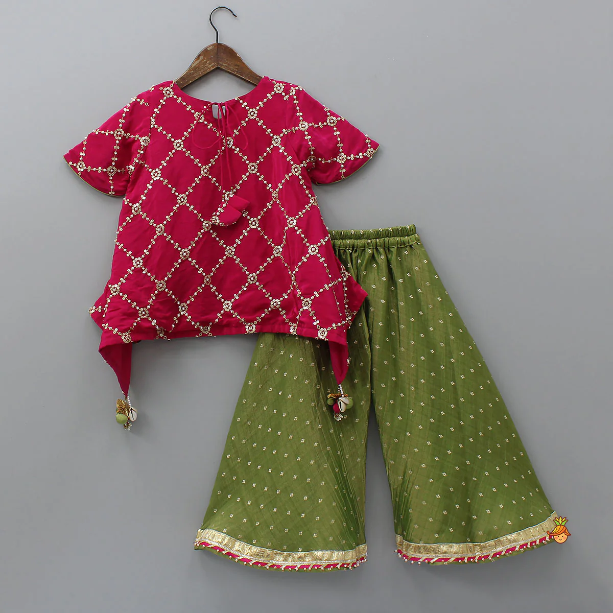 High-Low Checked Embroidered Top With Palazzo - Image 2