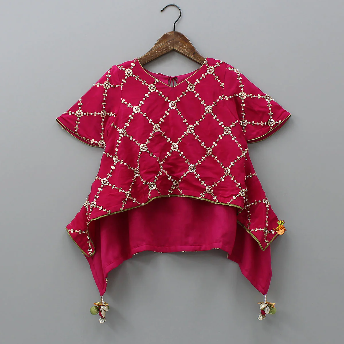 High-Low Checked Embroidered Top With Palazzo - Image 3