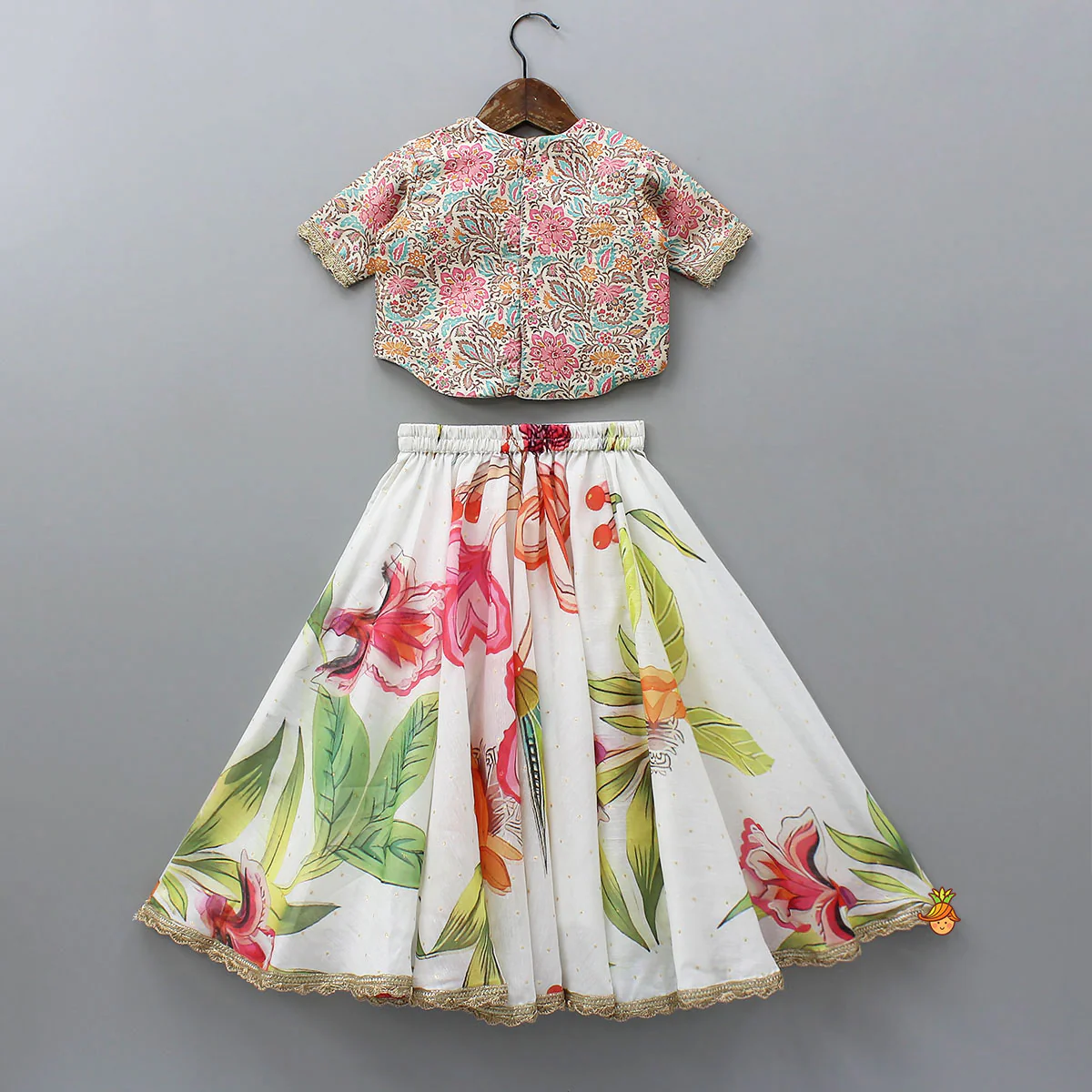 High-Low Printed Top And Lehenga With Dupatta - Image 2
