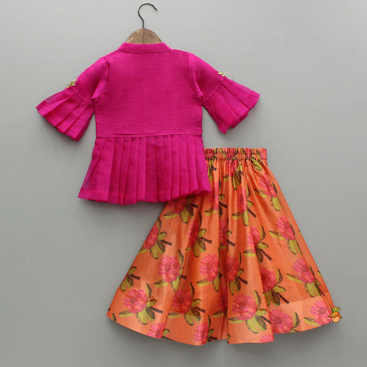 Pink Top And Orange Floral Print Ghagra - Image 2