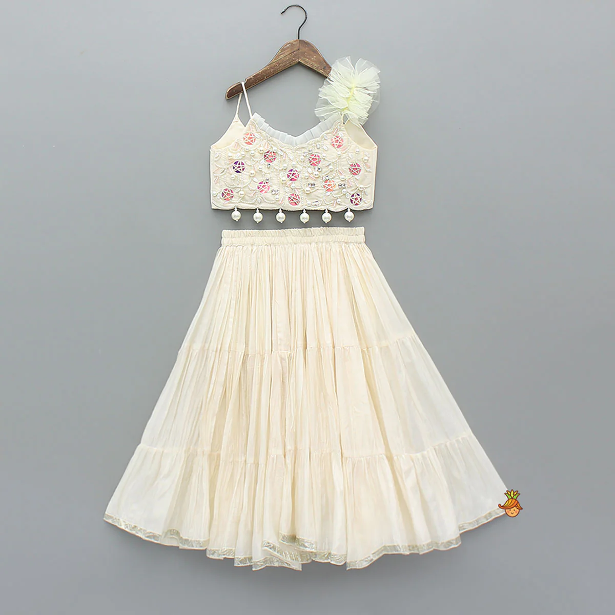 Intricate Embroidered Strappy Top With Elegant Tiered Lehenga
