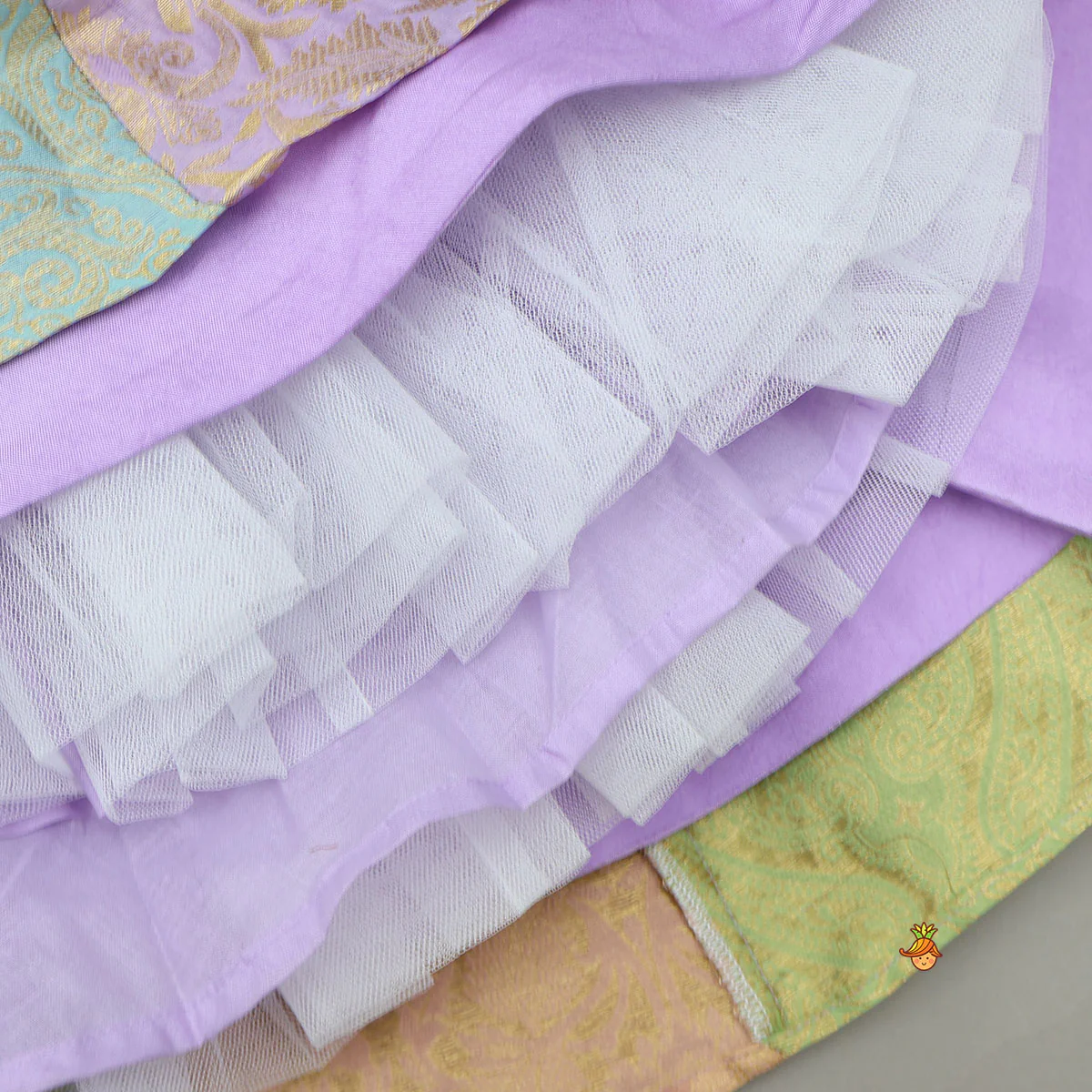 Intricate Embroidered Top And Brocade Lehenga With Matching Net Dupatta And Brocade Potli Bag - Image 7