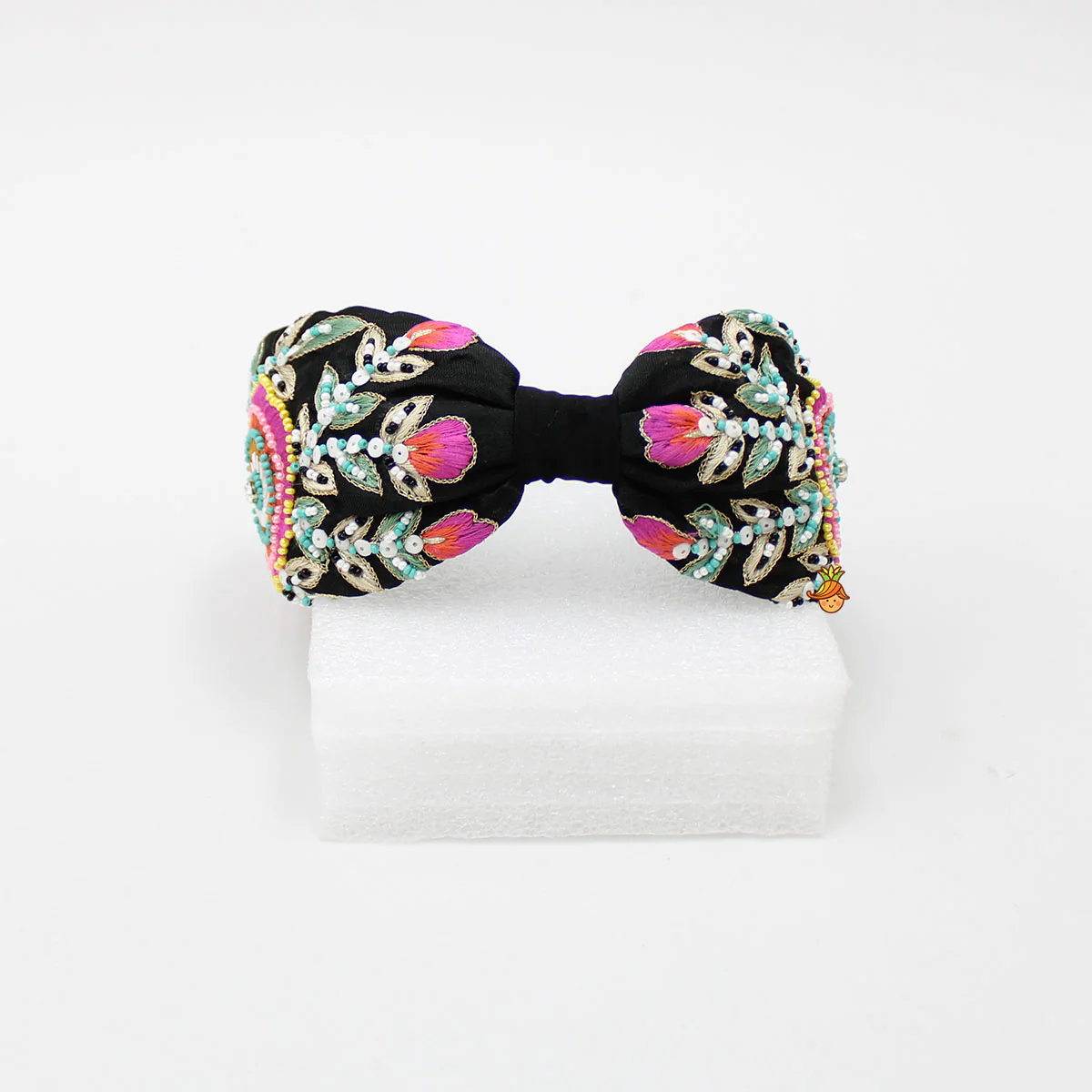 Intricate Multicolour Thread And Beads Embroidered Black Fancy Hair Band - Image 2