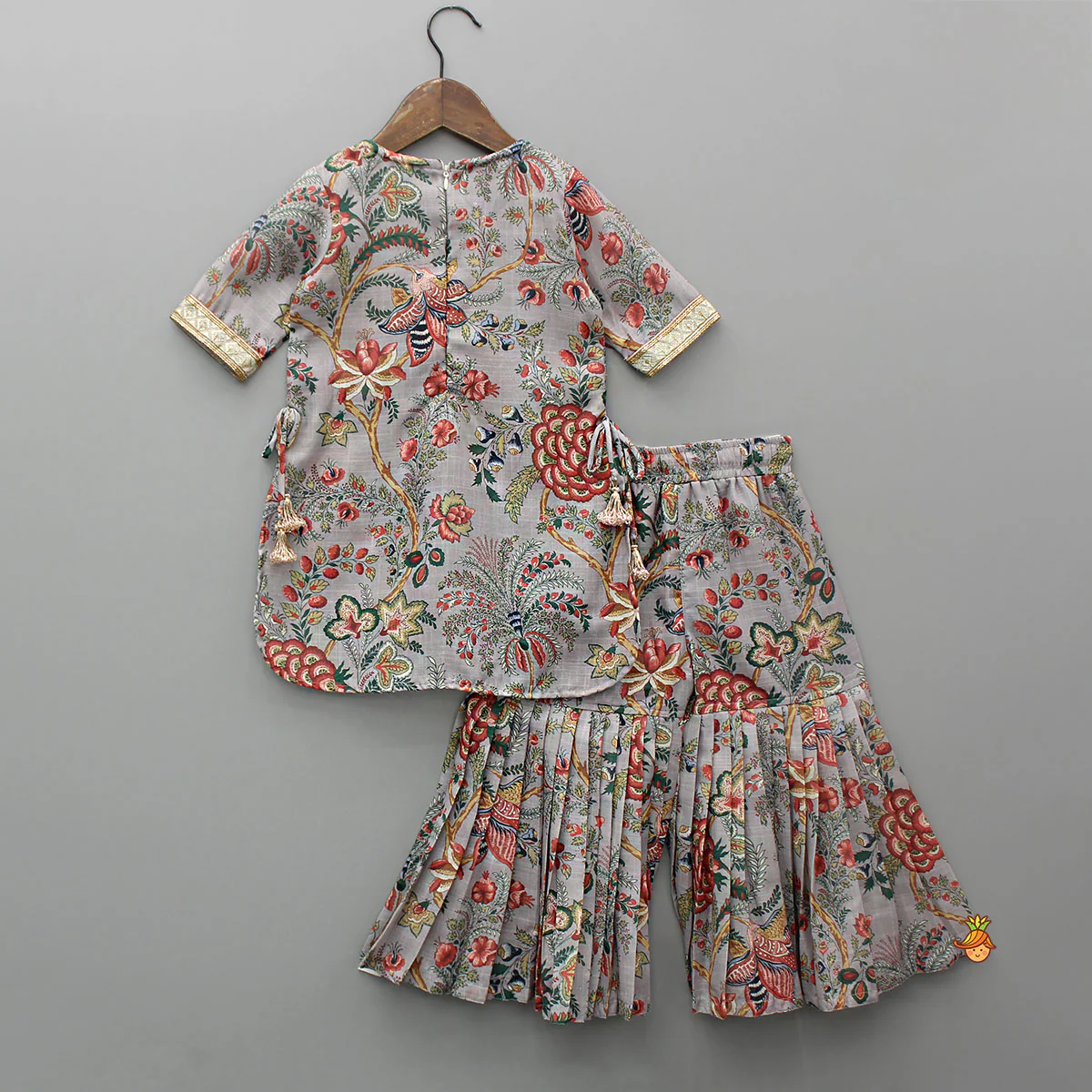 Intricate Yoke Embroidered Grey Floral Printed Kurti And Pleated Sharara With Organza Sequined Dupatta - Image 2