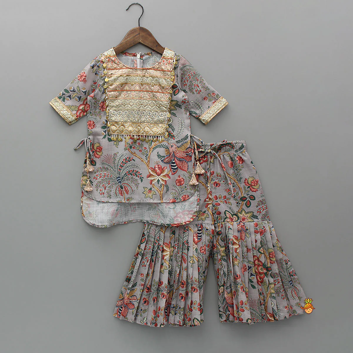 Intricate Yoke Embroidered Grey Floral Printed Kurti And Pleated Sharara With Organza Sequined Dupatta - Image 3