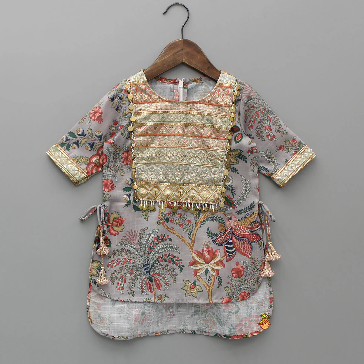 Intricate Yoke Embroidered Grey Floral Printed Kurti And Pleated Sharara With Organza Sequined Dupatta - Image 4