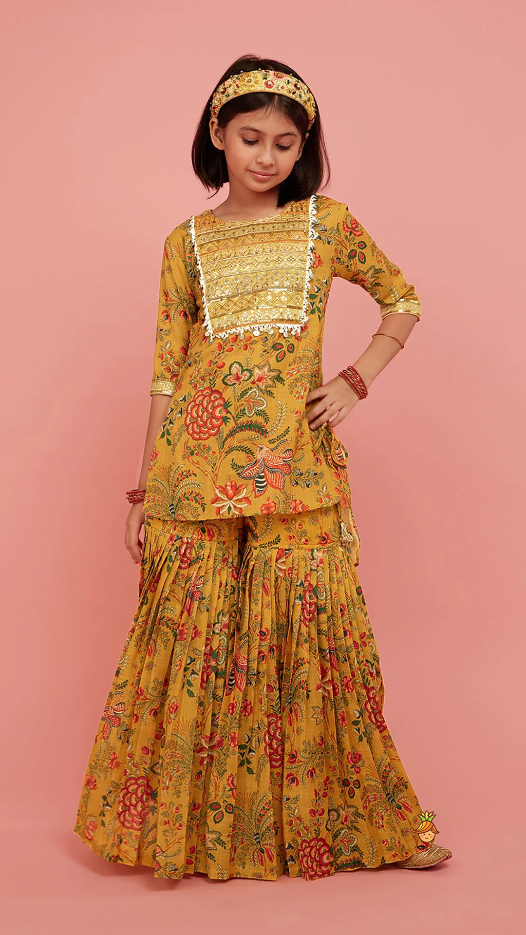 Intricate Yoke Gota Embroidered Mustard Printed Kurti And Pleated Sharara With Organza Sequined Dupatta - Image 2