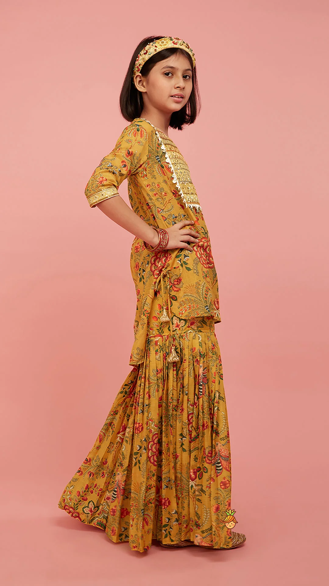 Intricate Yoke Gota Embroidered Mustard Printed Kurti And Pleated Sharara With Organza Sequined Dupatta - Image 3