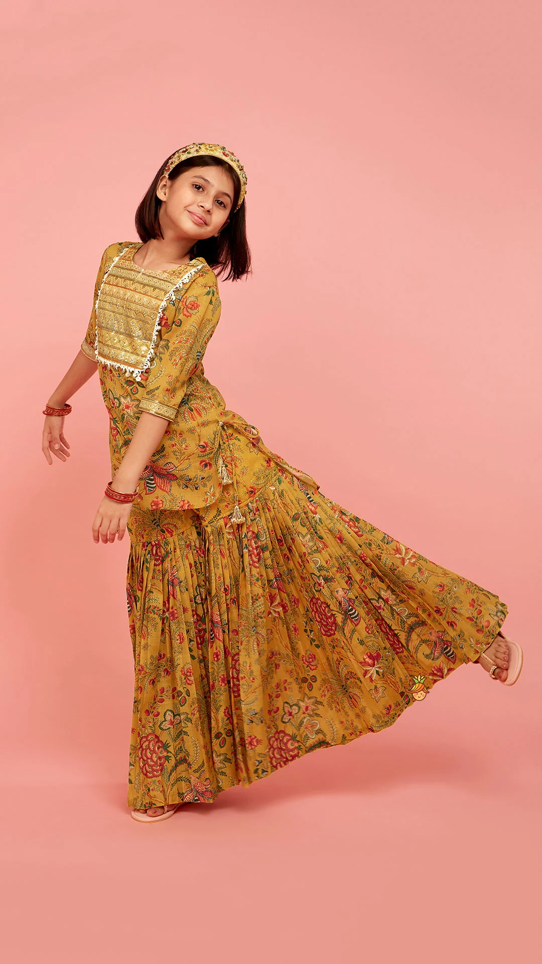 Intricate Yoke Gota Embroidered Mustard Printed Kurti And Pleated Sharara With Organza Sequined Dupatta - Image 4