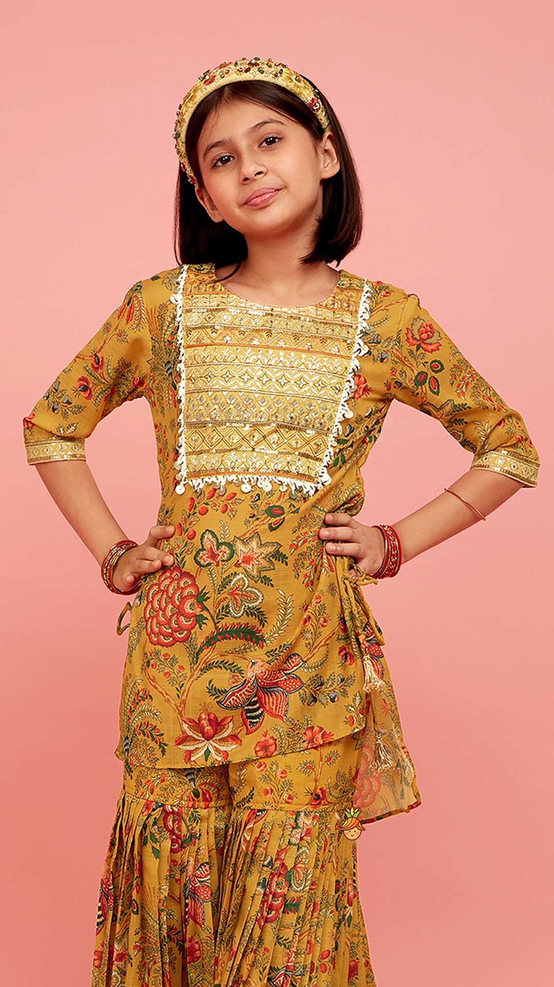 Intricate Yoke Gota Embroidered Mustard Printed Kurti And Pleated Sharara With Organza Sequined Dupatta - Image 5
