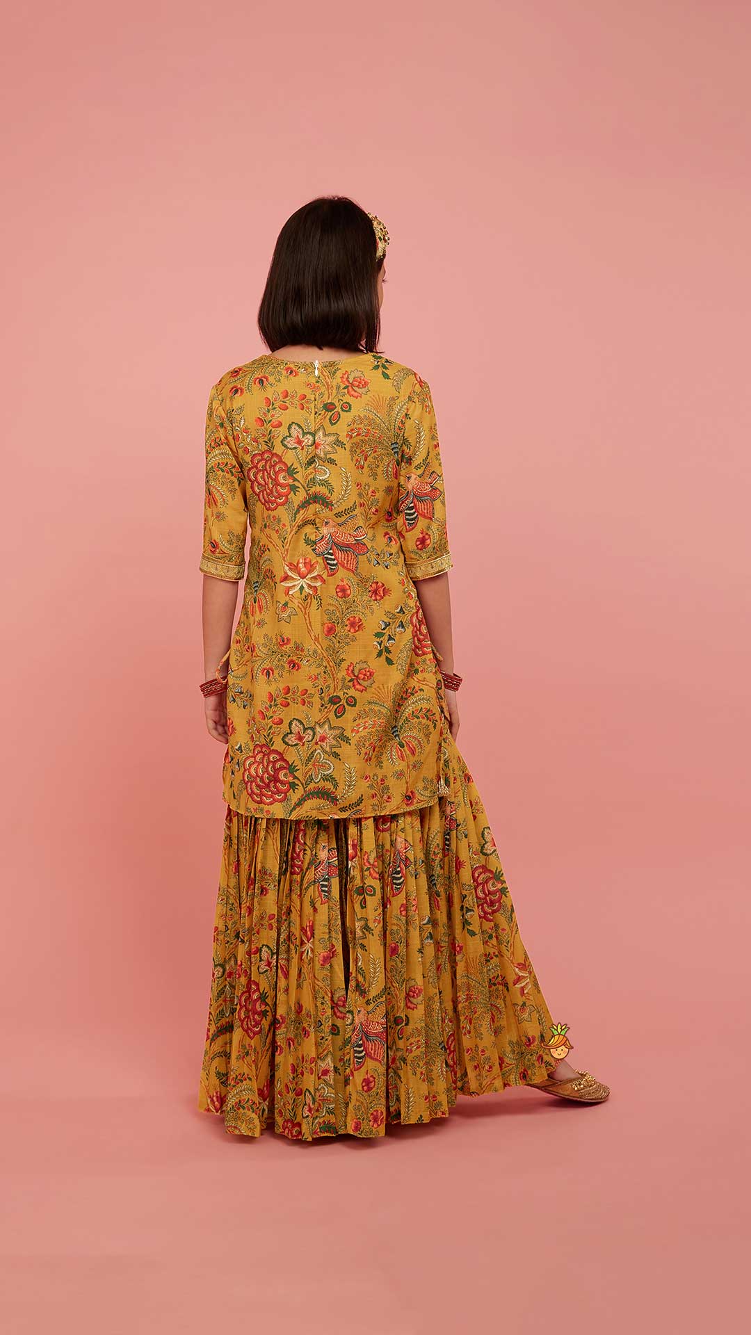 Intricate Yoke Gota Embroidered Mustard Printed Kurti And Pleated Sharara With Organza Sequined Dupatta - Image 6