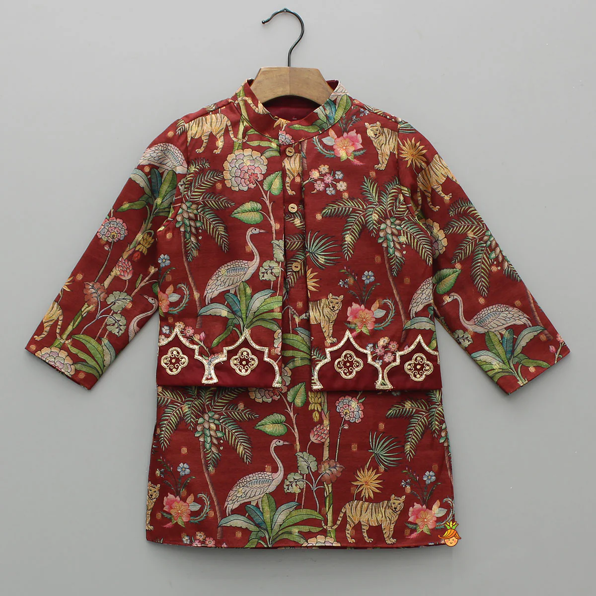 Jungle Printed Jacket Style Elegant Kurta With Pyjama - Image 3
