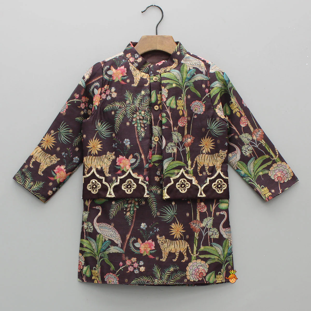 Jungle Printed Jacket Style Ethnic Kurta With Pyjama - Image 3