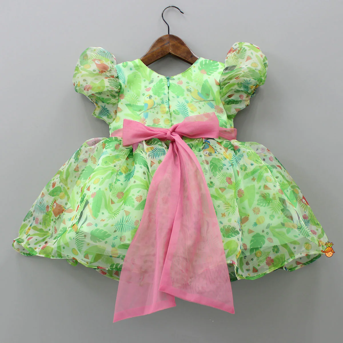 Jungle Theme Printed Green Puff Sleeves Dress With Sequined Belt - Image 2