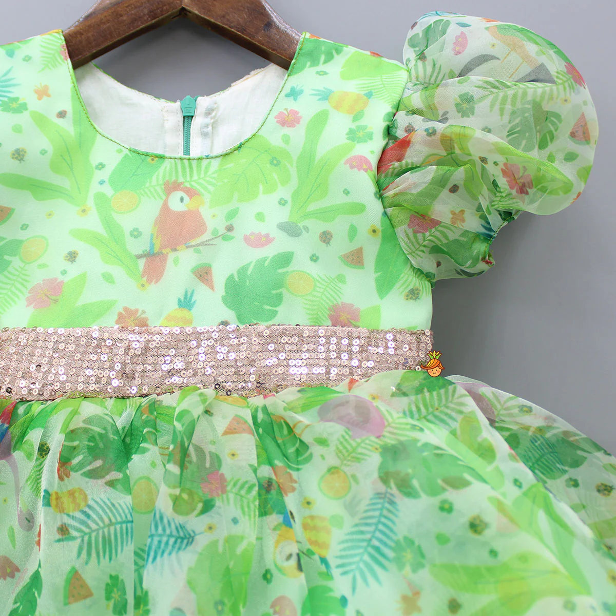 Jungle Theme Printed Green Puff Sleeves Dress With Sequined Belt - Image 3