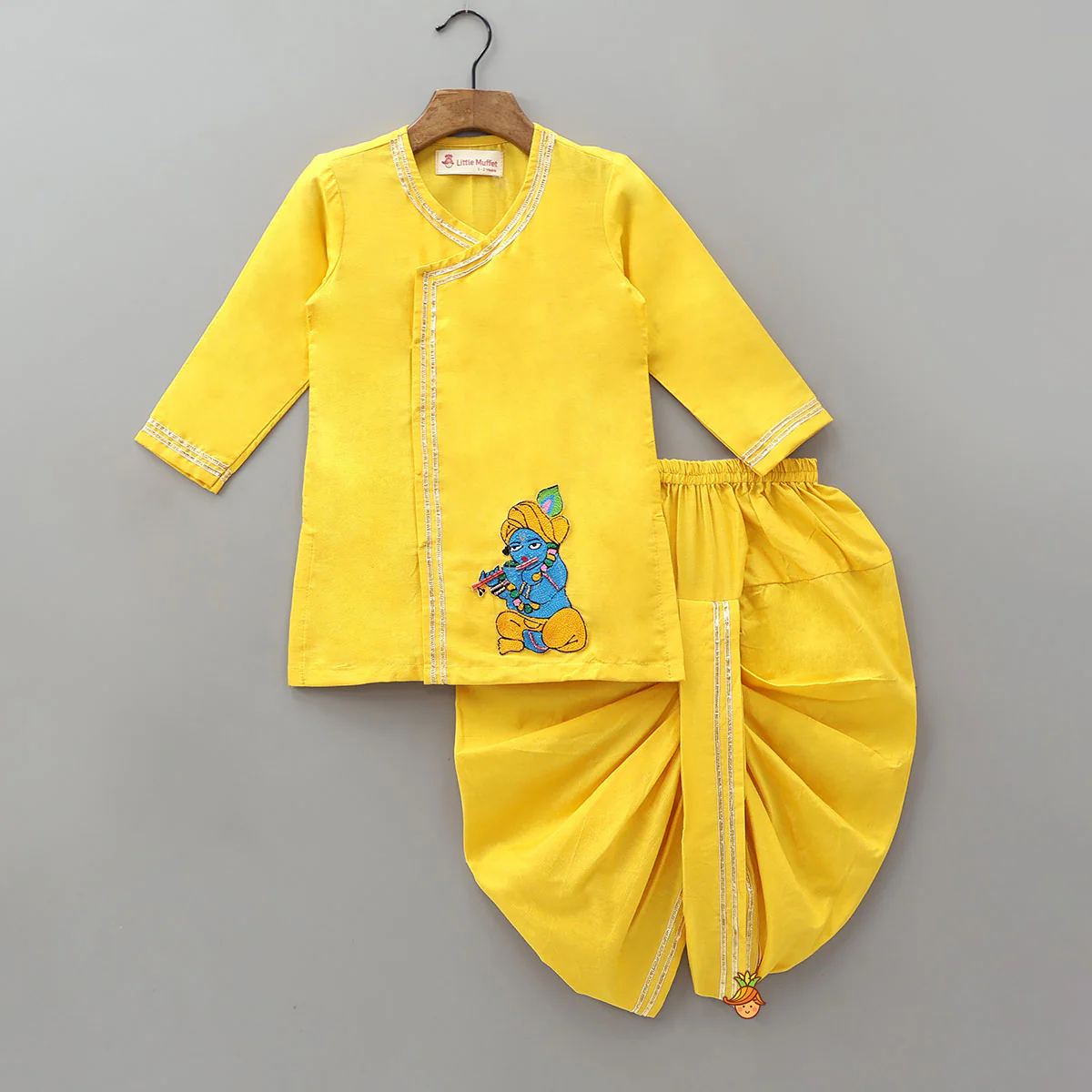 Krishna Applique Work Kurta And Dhoti With Matching Cap And Booties - Image 3