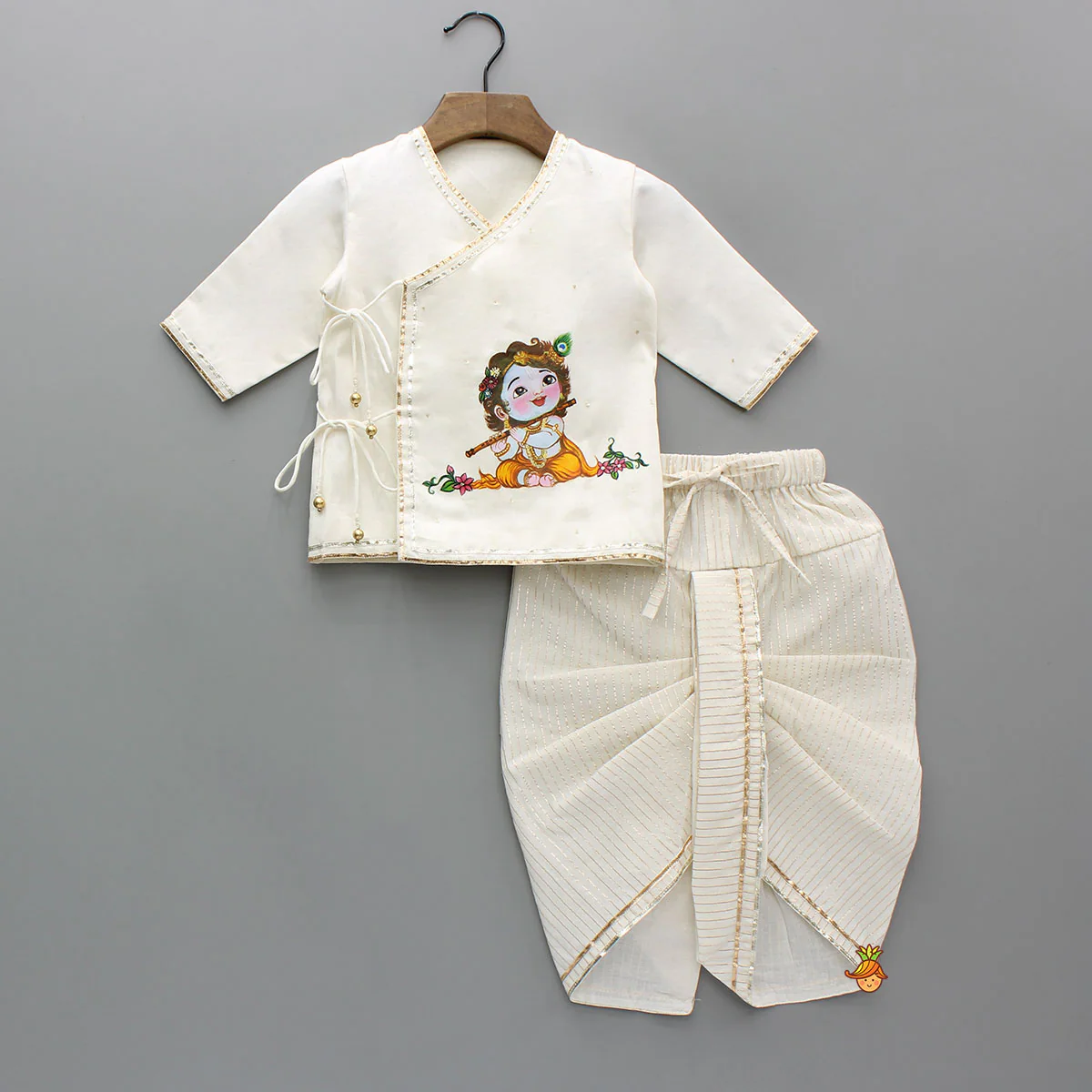 Krishna Hand-Painted Off-White Kurta And Lurex Striped Dhoti With Mor Pankh Mukut And Basuri - Image 3