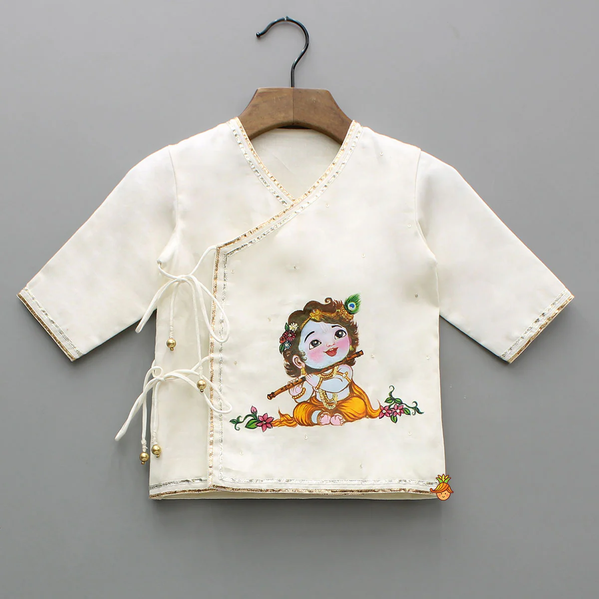 Krishna Hand-Painted Off-White Kurta And Lurex Striped Dhoti With Mor Pankh Mukut And Basuri - Image 4
