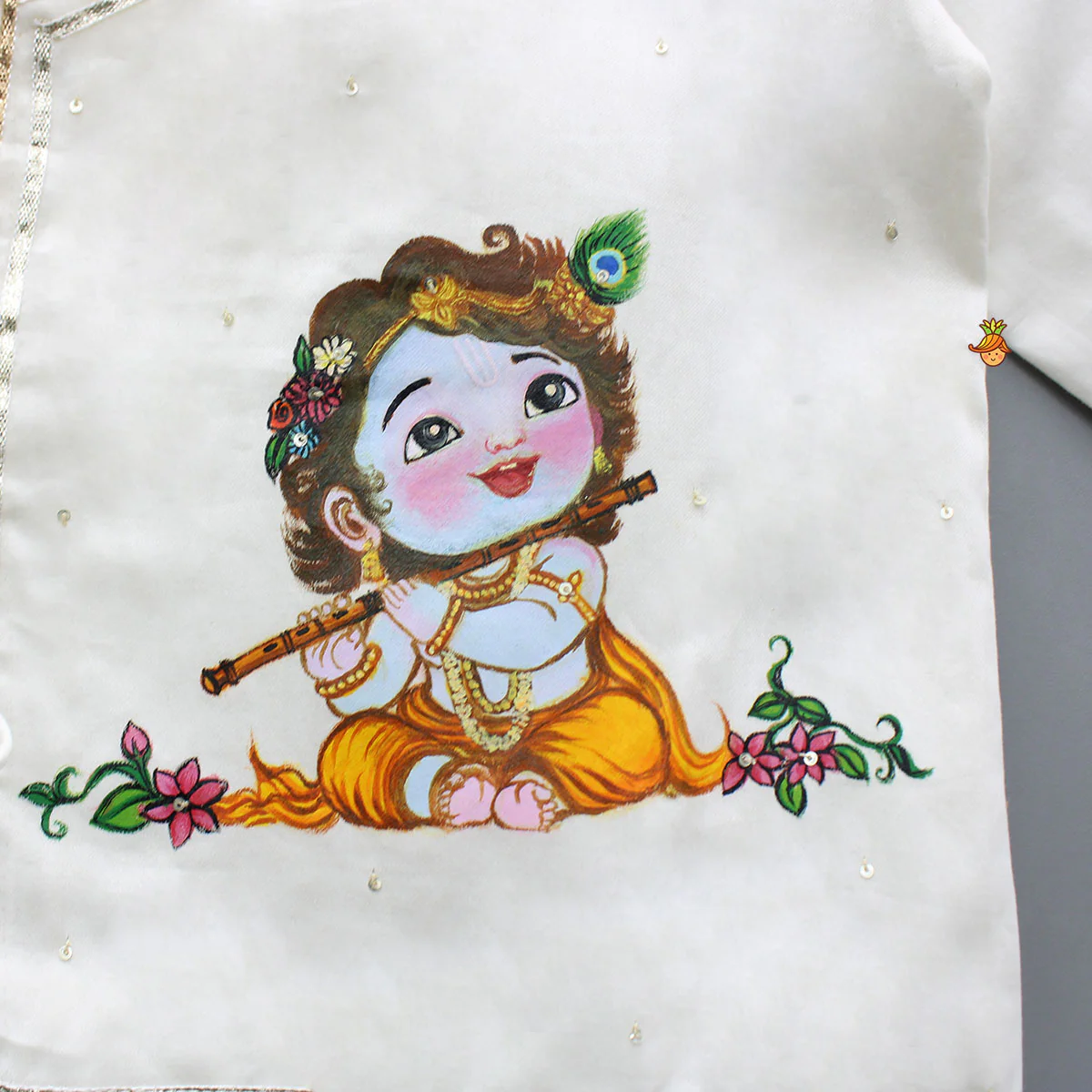 Krishna Hand-Painted Off-White Kurta And Lurex Striped Dhoti With Mor Pankh Mukut And Basuri - Image 6