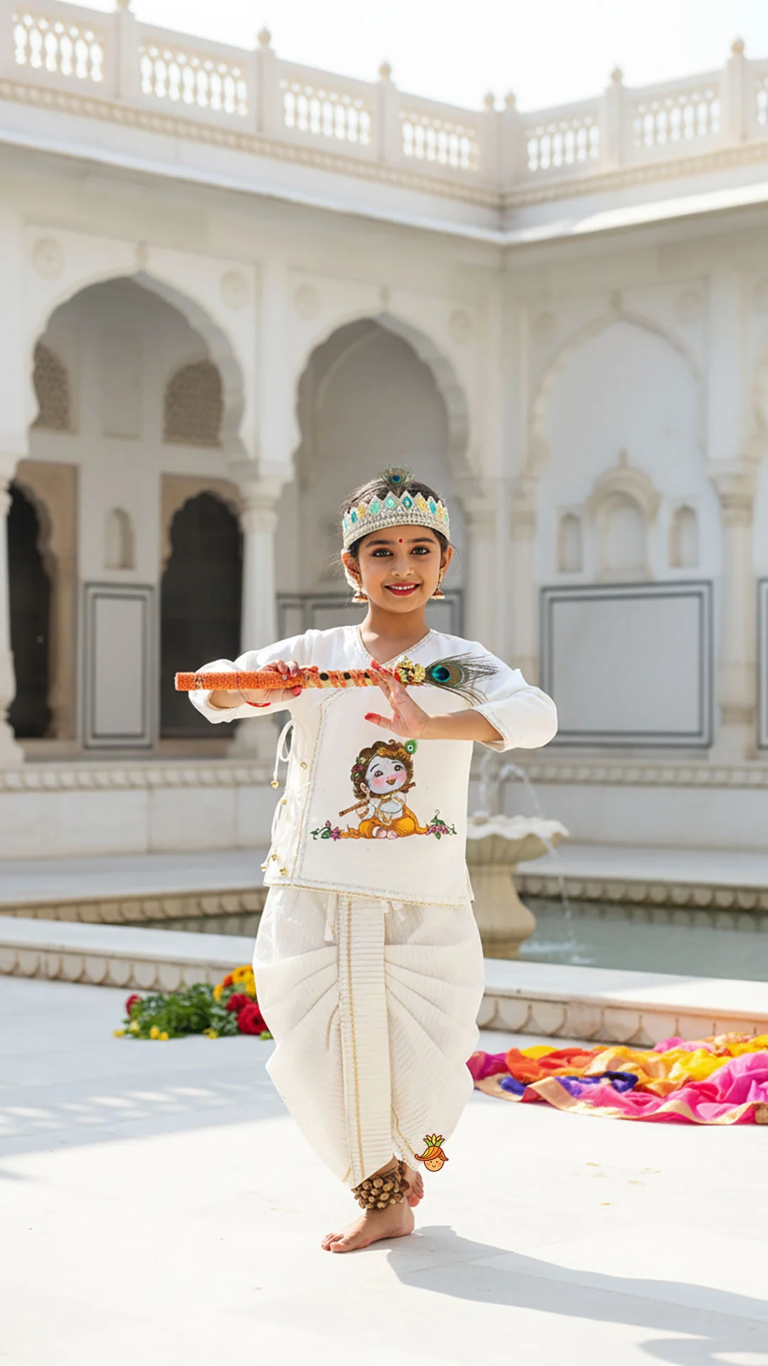 Krishna Hand-Painted Off-White Kurta And Lurex Striped Dhoti With Mor Pankh Mukut And Basuri - Image 9